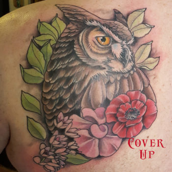 Owl Poppy Coverup Tattoo by George Brown