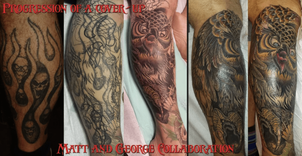 The progression of a cover up tattoo by George Brown and Matt Ellis